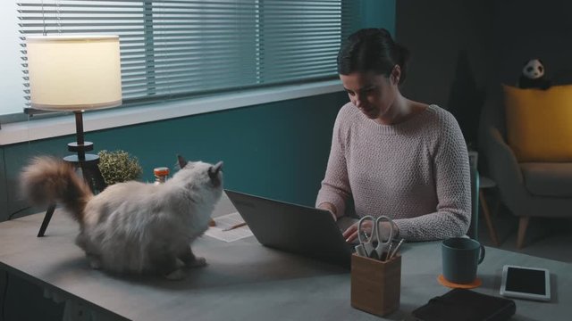 Woman sitting at desk and cuddling her cat