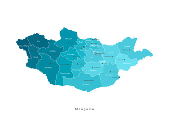 Vector modern isolated illustration. Simplified geographical  map of Mongolia. Names of Mongolian cities and provinces (aimags). Blue gradient colors and white background