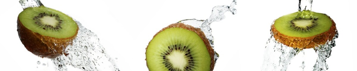 Fresh pieces of kiwi in water splash, isolated on white background