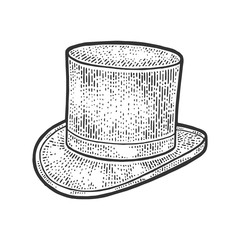 Top hat cylinder sketch engraving vector illustration. T-shirt apparel print design. Scratch board imitation. Black and white hand drawn image.