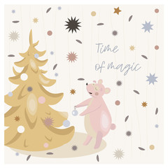  Сute Сhristmas card with golden christmas tree and pink bear