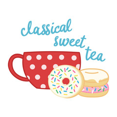 cartoon tea mug with sweet donuts, cute colorful cup, editable vector illustration for decoration, card, print, sticker