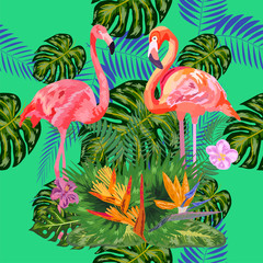 Beautiful hand drawn seamless pattern with palm leaves and flamingo.