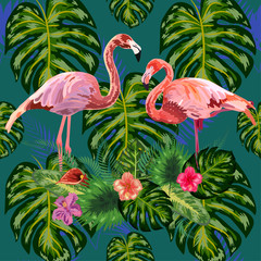 Fototapeta premium Beautiful hand drawn seamless pattern with palm leaves and flamingo.
