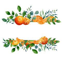 Horizontal botanical frame of watercolor tropical fruits and greenery. Pattern with mandarins, peeled, slices and green leaves. Food design for wrapping or invitation with place for text