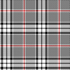 Glen plaid pattern. Classic seamless hounds tooth check plaid texture in black, red, and white for trousers, coat, skirt, jacket, or other modern fashion clothes print.