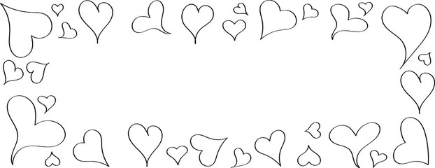 Many doodle hearts are drawn in black outline, template for greeting card for Valentine's Day. Children's coloring in a romantic style, wedding design.