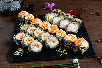 sushi set on the wooden background