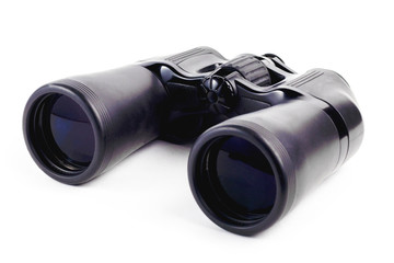 modern binoculars in black on a white background. Lenses forward. Close-up. There is no isolation