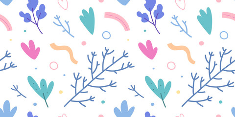 Cooking herb seasoning, seamless vector background pattern with various herbs, flying ingredients. Good textile print for kitchen, trendy doodle hand drawn illustration, colorful ornament backdrop