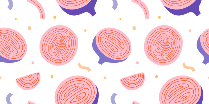 Purple onion vegetable, seamless vector background pattern with slices of onion, flying food ingredient. Good textile print for kitchen, modern flat hand drawn illustration, colorful trendy ornament