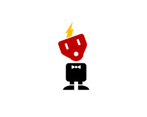 electroboy logo character with plug socket caracter mascot with tuxedo tie and lightning hair