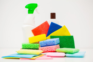 Different house cleaning product on white background
