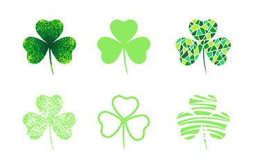 Set of three leaf clover. Isolated elements. Symbol of St. Patrick's Day. Vector