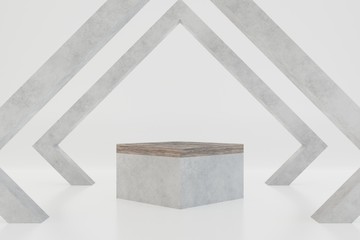 Abstract background 3d rendering. Concrete podium with wooden floor and concrete geometric shapes on white background.