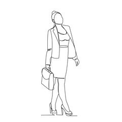 Obraz na płótnie Canvas Continuous line drawing of business woman walking and holding briefcase. Vector illustration