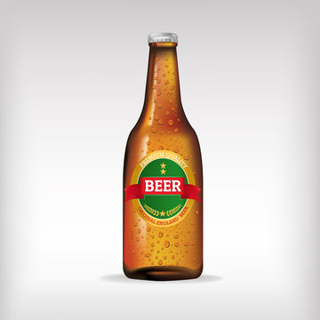 Beer bottle glass isolated on white background. Vector packaging mockup with realistic bottle