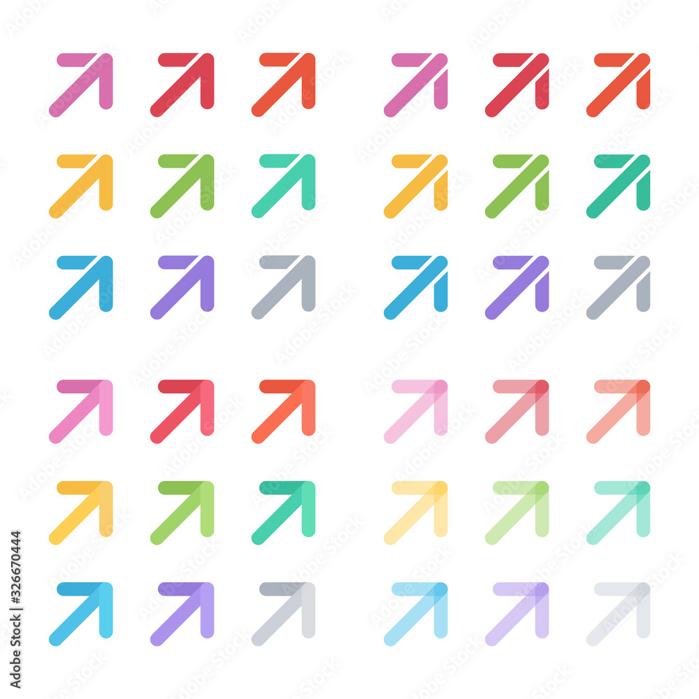 Poster Color arrows set. Forward pointer collection. Right and up direction arrow, orientation pictogram isolated symbol on white background. Vector illustration.