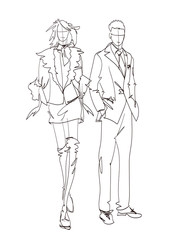 Plakat Stylish man and woman sketch Fashion Collection Of Clothes Set Of Models Wearing Trendy Clothing Sketch Vector woman and man Illustration