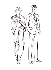 Fototapeta na wymiar Stylish man and woman sketch Fashion Collection Of Clothes Set Of Models Wearing Trendy Clothing Sketch Vector woman and man Illustration