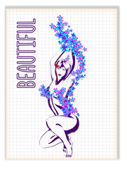 Body flower girl feet background. Model Sitting In The flowers. Nude female sketch vector graphic. Nude girl in flowers