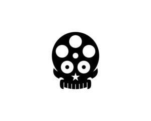 movie slide reel  with big eyes as an alien skull head showing horror movie logo