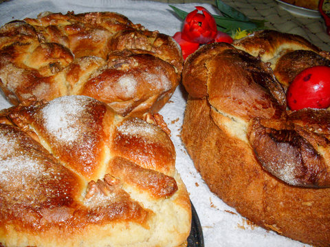 Kozunak traditional Easter bread in Bulgaria. Kozunak is a sweet ritual bread made at home for Easter. In Romania cozonac, Greece Tsoureki, Italy Panettone, France Brioche, Russia kulich.