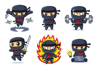 black Ninja cartoon collection in various poses set - obrazy, fototapety, plakaty