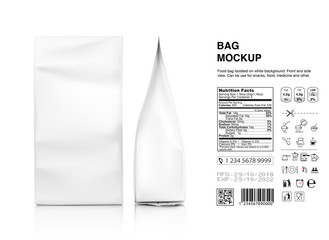 Realistic food bags isolated on white background. Front, side and isometric view. Vector illustration. Can be use for template your design, presentation, promo, ad. EPS 10.	