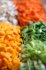 Chopped carrots, leek, red kuri squash and portobello mushroom on a wooden cutting board. Selective focus.