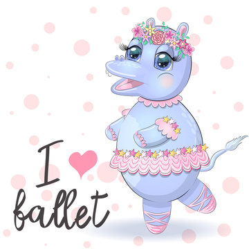 hand drawn cartoon hippo dancing ballet in a tutu. dancing animals.Children's illustration