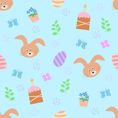 Seamless pattern of Easter elements. Easter cartoon characters and decor elements. Bunny chick Easter eggs flowers.