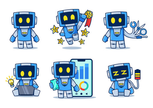 Blue Robot cartoon character in different poses