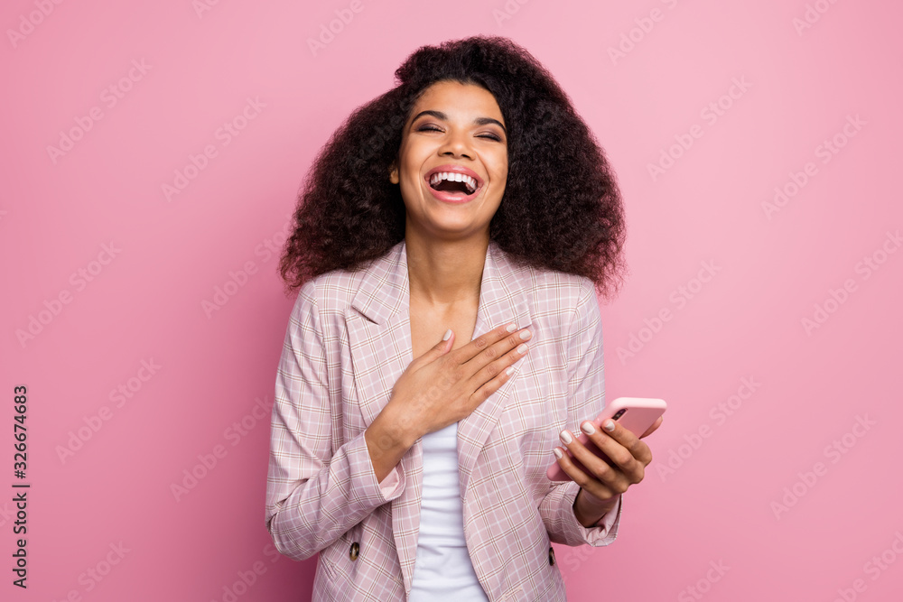 Poster Photo of beautiful crazy dark skin lady hold telephone hand on chest read read funky humorous joke chatting friends formalwear checkered plaid blazer isolated pastel color background