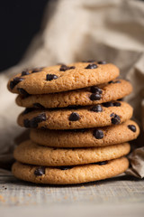 Stacked chocolate oat cookies Close up. Tasty snack and Sweet dessert