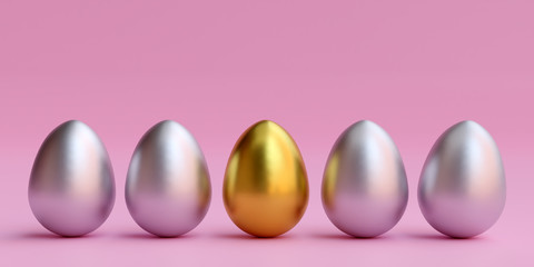 metal easter eggs stand in a row on a plain background, one egg is different, special egg. 3d illustration
