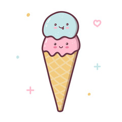 Cute ice cream cone with two balls. Kawaii cartoon character isolated on a white background. Vector illustration.