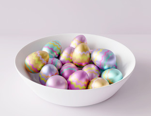colored easter eggs in a plate, 3d illustration