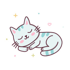 Cute sleeping cat. Kawaii cartoon character isolated on a white background. Vector illustration.