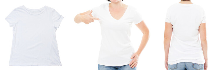 White t-shirt mock up blank close up, female t shirt set isolated over white
