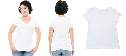 Tshirt design and people concept - close up of middle-aged brunette woman in blank white t-shirt, t shirt, front and rear isolated.
