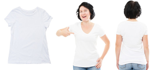 Woman white t-shirt set, white t shirt closeup isolated copy space, T-shirt design and people concept - close up