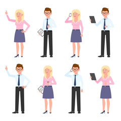 Smiling, cute office man and woman vector illustration. Standing with tablet, notes, coffee, side view, talking on phone eyeglasses boy and blonde girl cartoon character set on white