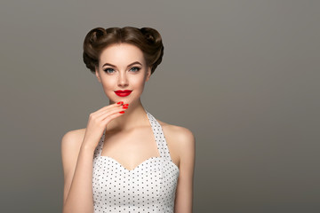 retro woman beautiful hair red lips manicure nails fashion female