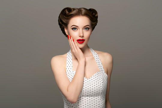 Retro Woman Beautiful Hair Red Lips Manicure Nails Fashion Female