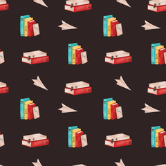 Stack of books with colorful covers. Digital art seamless pattern on a dark background. Print for banners, posters, web, posts, textiles, advertising, paper products, packaging.