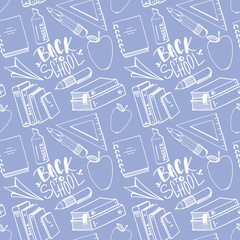 Pencil, notebook, red apple, books school doodle outline digital art seamless pattern on a lilac background. Print for banners, posters, web, posts, textiles, advertising, paper products, packaging.