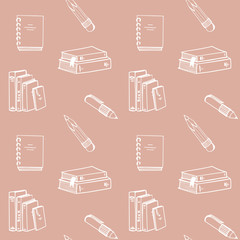 Pile of books doodle outline digital art seamless pattern on a pink background. Print for banners, posters, web, posts, textiles, advertising, paper products, packaging.