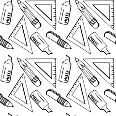Ruler triangle, pencil, marker contour digital art seamless pattern on a white background. Print for banners, posters, web, posts, textiles, advertising, paper products, packaging.