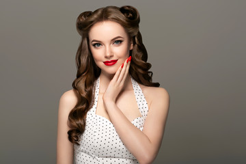 retro woman beautiful hair long curly red lips manicure nails fashion female - Powered by Adobe